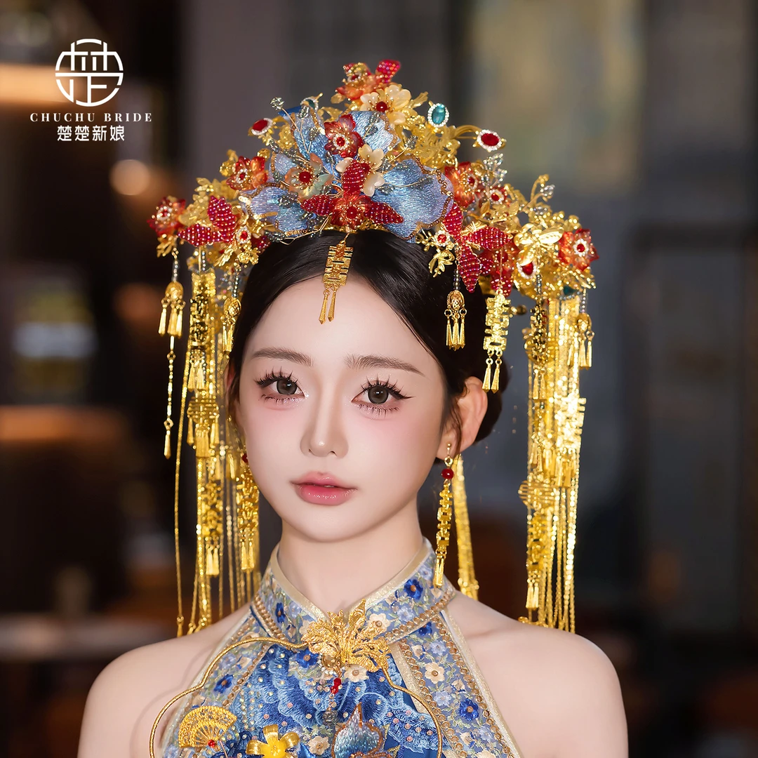 新款新娘步摇秀禾发饰结婚大气半冠宫廷复古红金色国风明制头饰