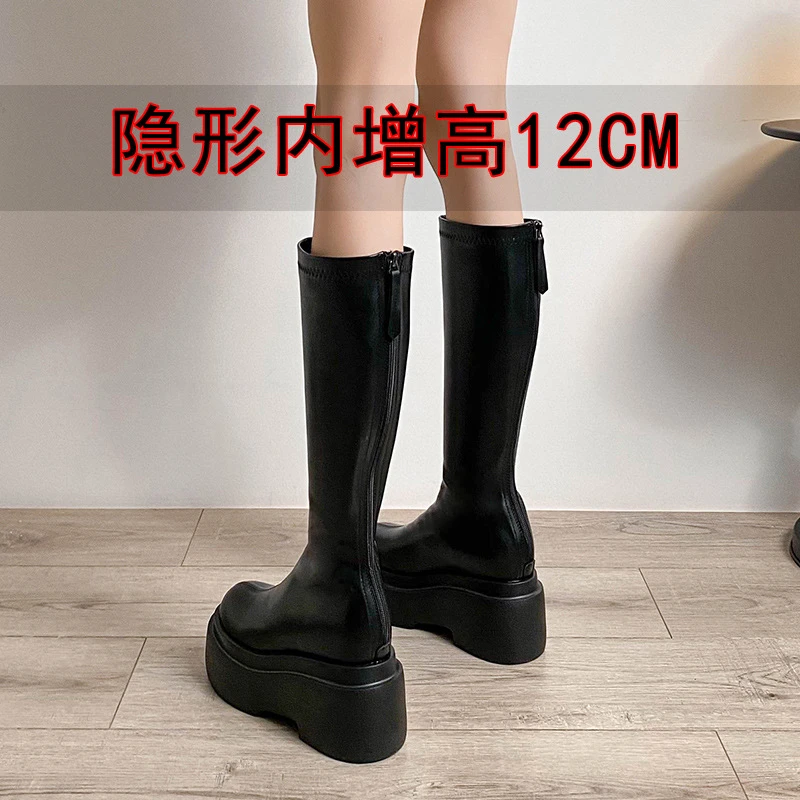 短靴隐形增高12cm高跟长筒靴辣妹白色松糕厚底1mm女款高跟小腿靴