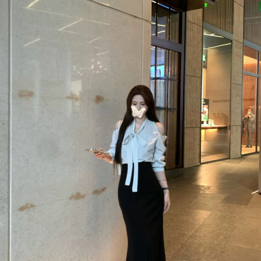 SZA【侧耳倾听】夏季气质条纹简约显瘦露肩百搭设计感衬衫 A-1844