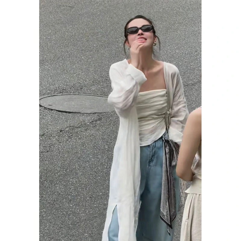 韩系显瘦穿搭松弛感修身内搭抹胸上衣宽松长袖开衫复古休闲牛仔裤