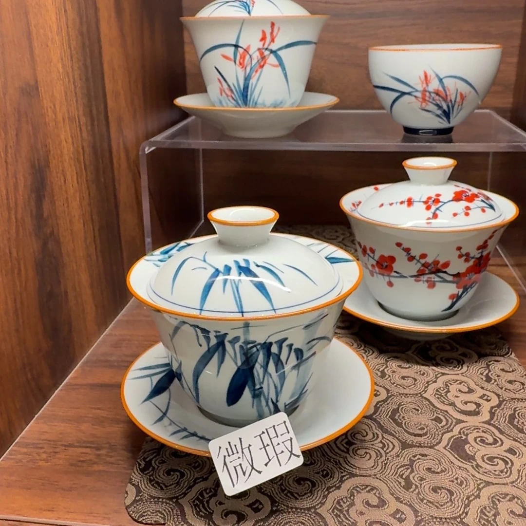 釉下手绘茶具微瑕