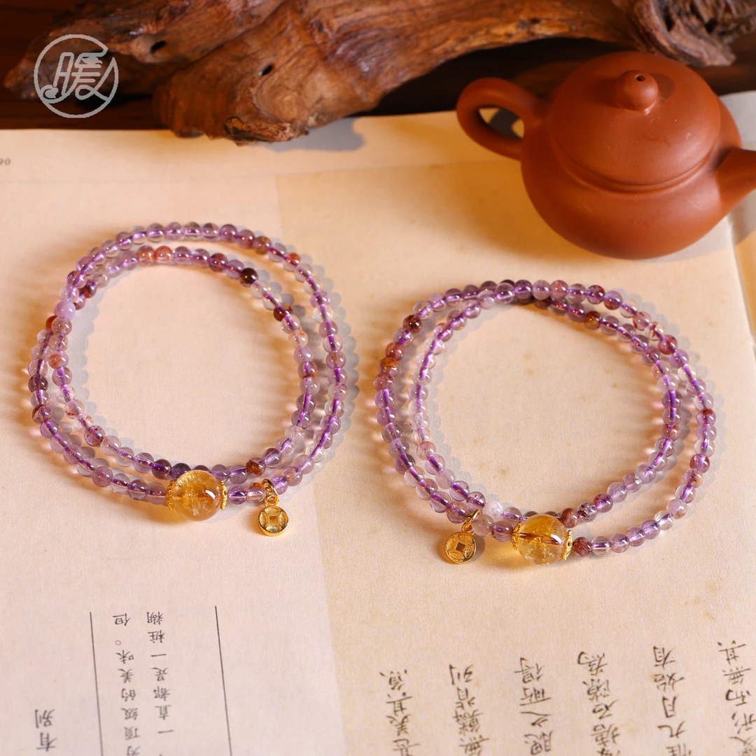 双圈幽灵水晶手串4mm搭配路路通钱币吊坠手链F4690多样性发一