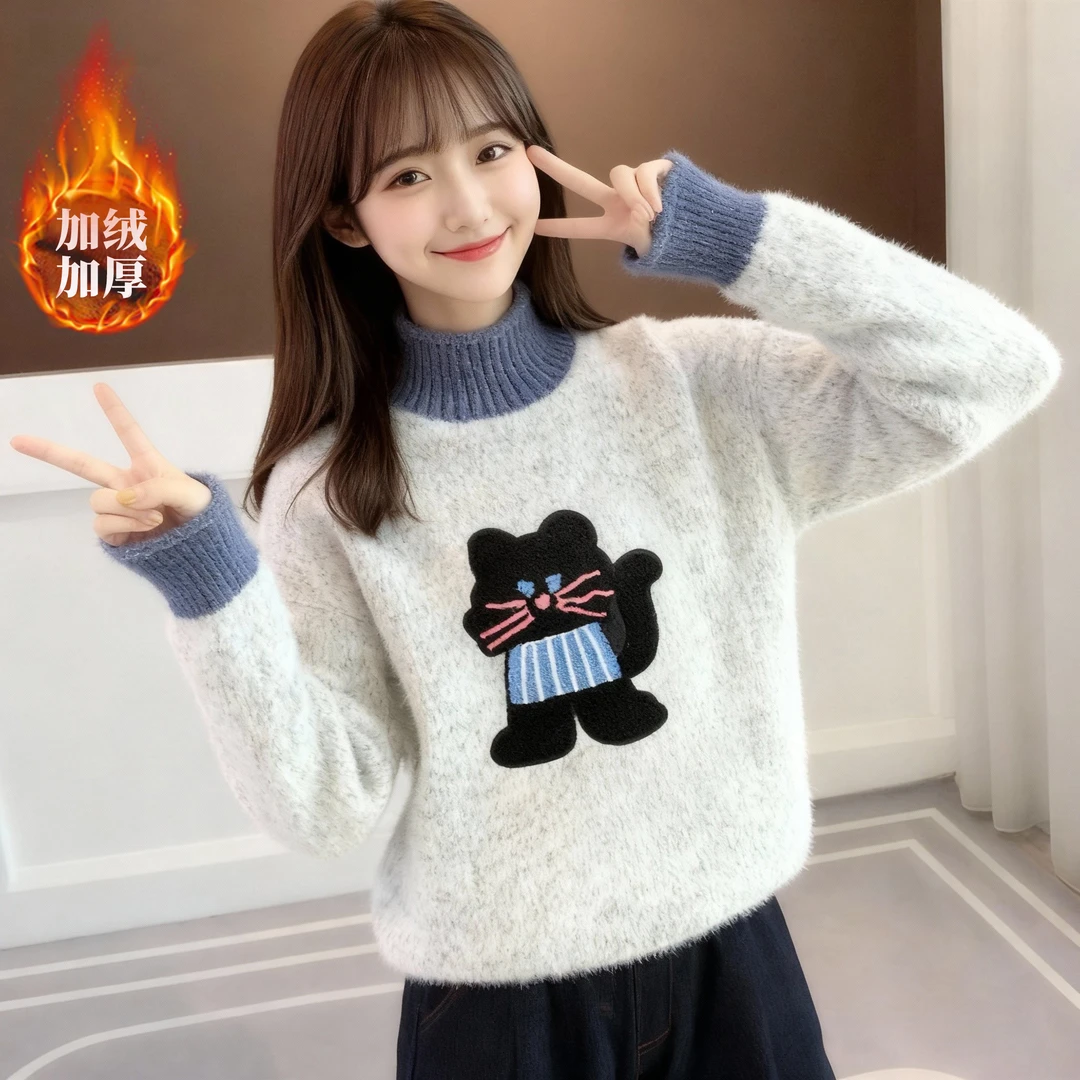 12初中小学生毛衣女加绒加厚打底衫秋冬13岁少女大童半高领上衣15