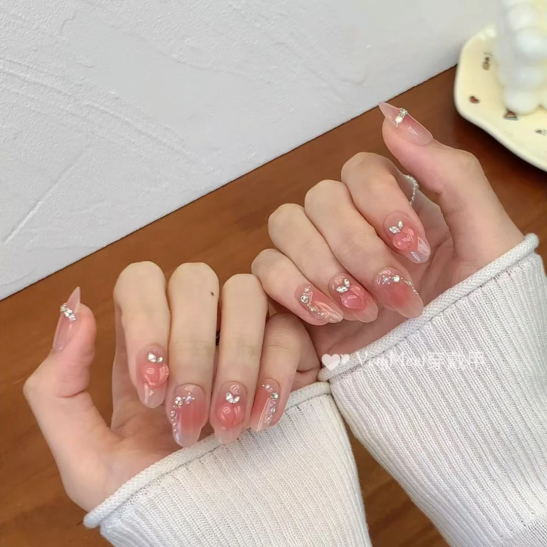 VERY MEET新款冰透立体水蜜桃锆石钻甜美可爱手工穿戴甲美甲贴13