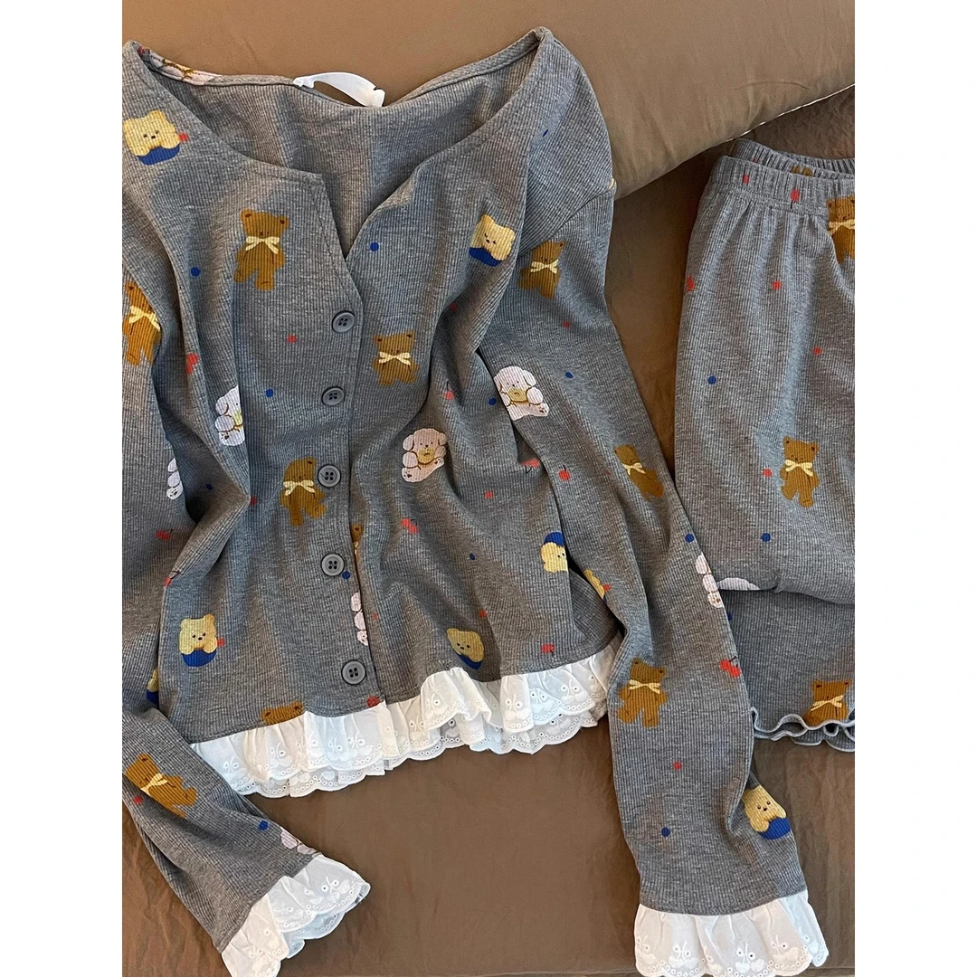 韩系小熊印花蕾丝花边睡衣女春秋新款长袖长裤亲肤家居服套装外穿