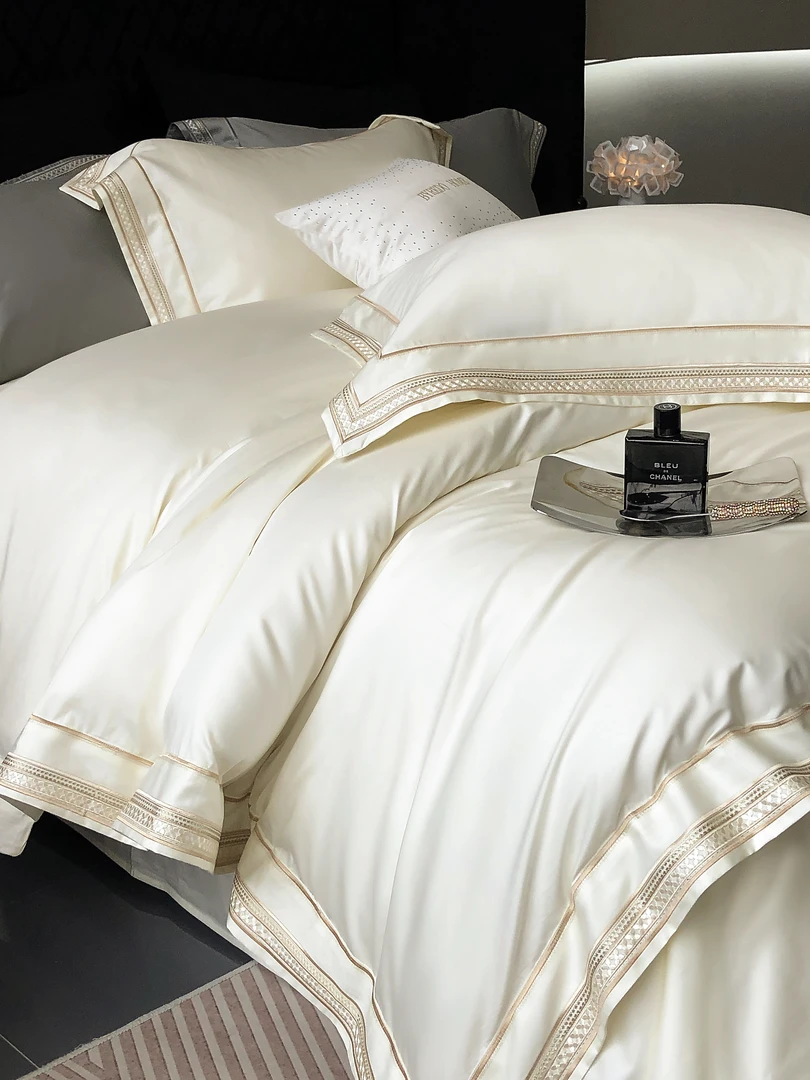 海之家-米诺-纯色宽边长绒棉四件套刺绣轻奢风亲肤裸睡床单款套件