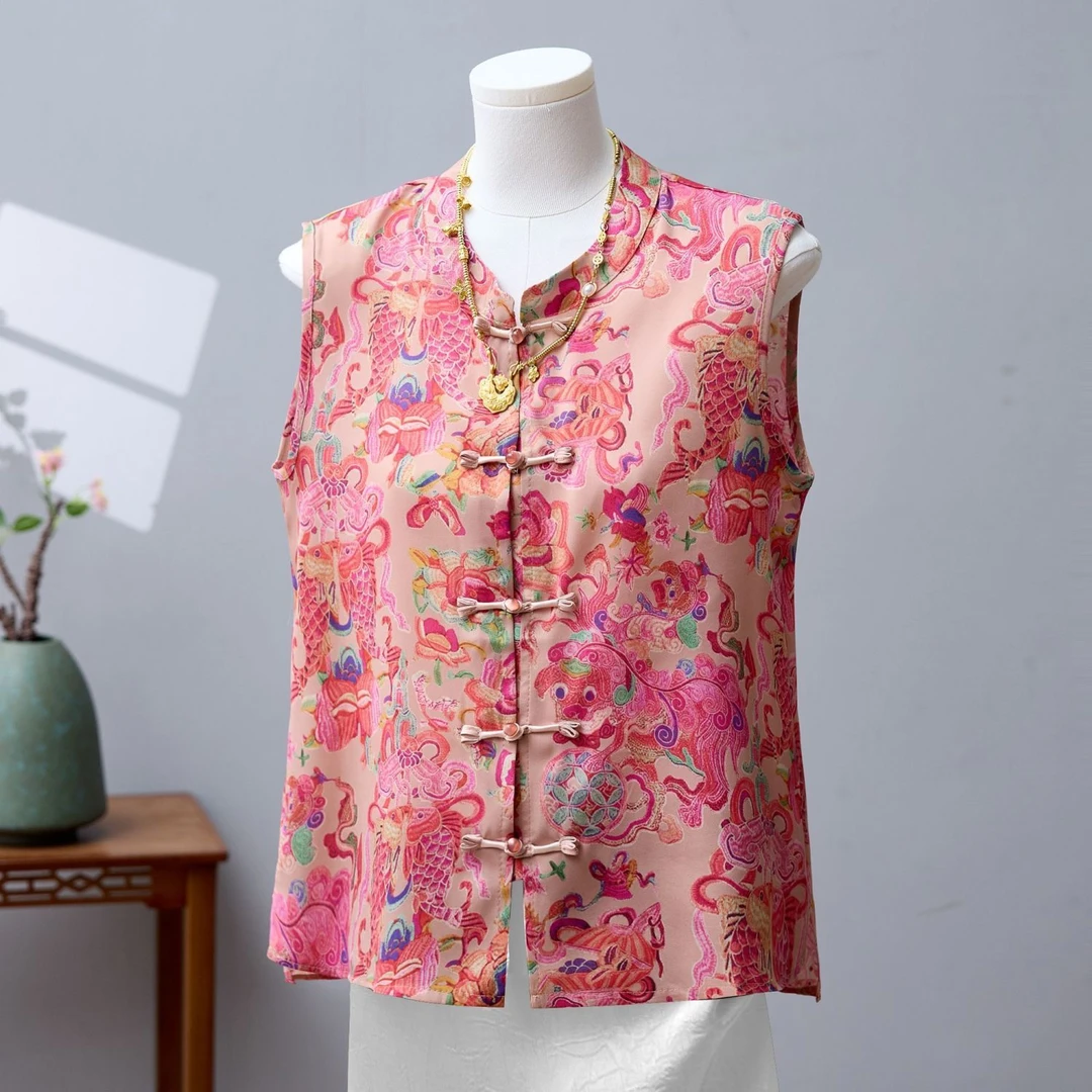 爆款中式马甲圆领坎肩盘扣无袖背心夏季新款气质百搭国风印花上衣