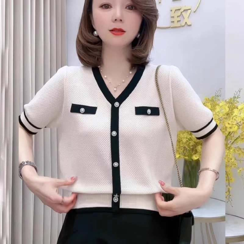 v领小香风针织短袖t恤女2025夏季新款设计感小众显瘦撞色上衣潮