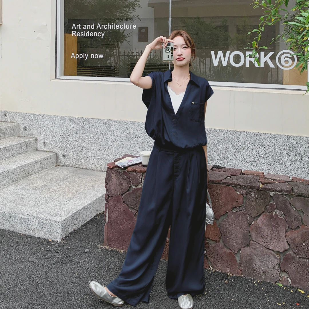 藏青色气质盐系穿搭休闲工装衬衣套装女夏季2025新款阔腿裤两件套