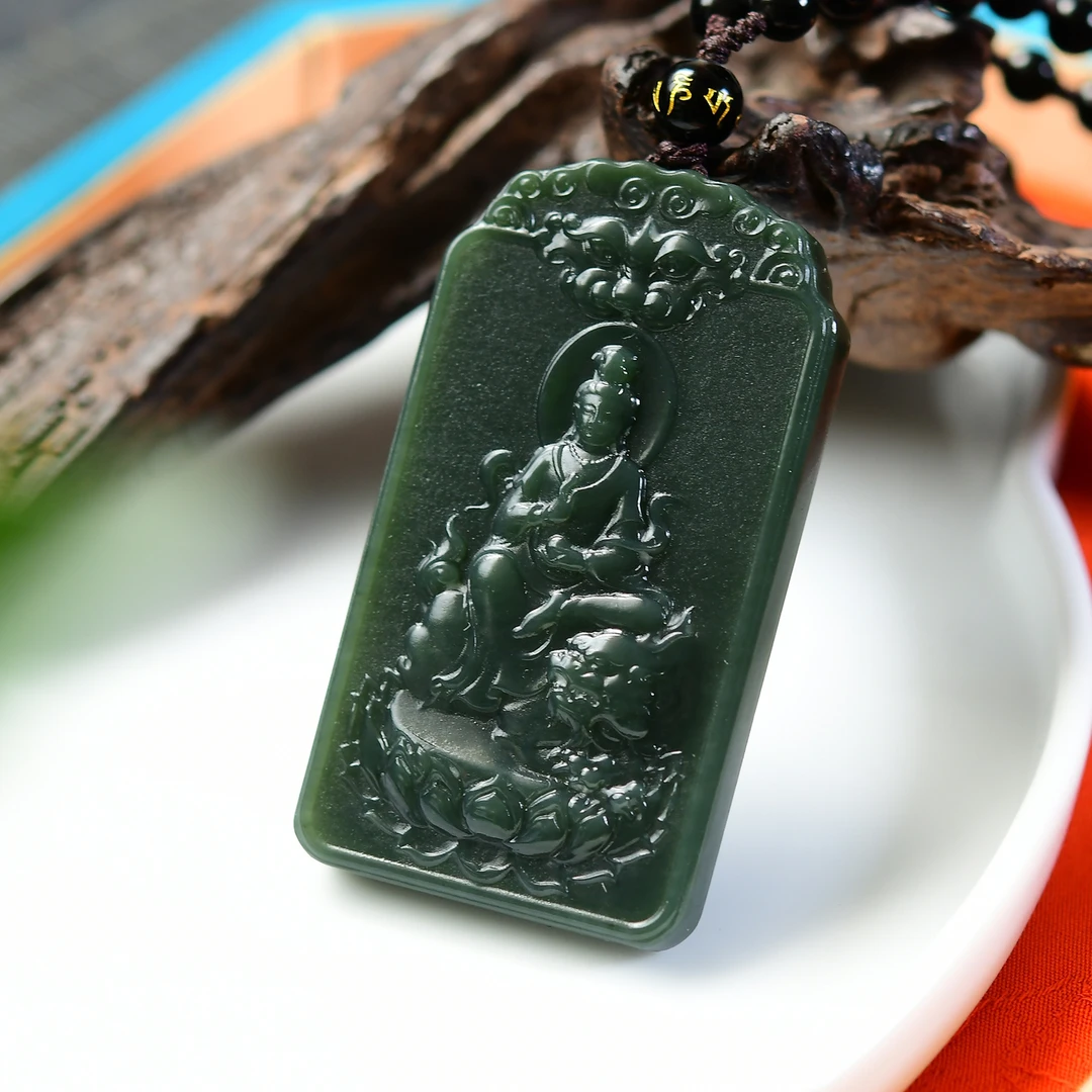 天然和田玉石项链新疆青玉守护观音吊坠玉牌文殊菩萨项链