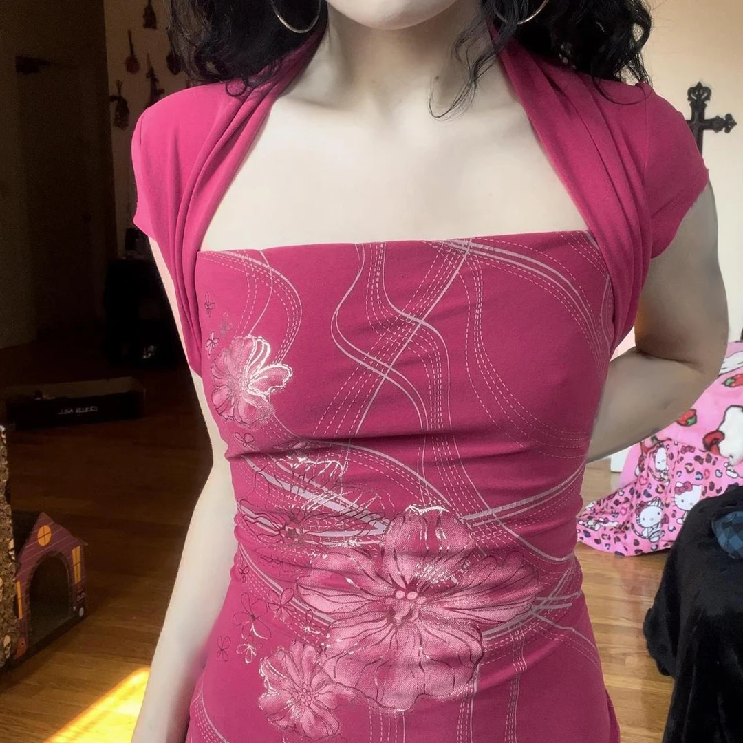 欧美性感古早纯欲风假两件褶皱印花短袖T恤夏季纯欲慵懒风女装