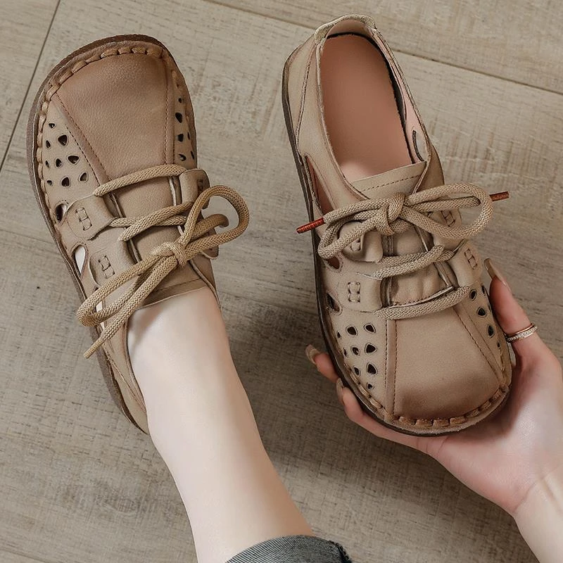 牛皮夏季2025新款镂空凉鞋复古妈妈鞋真皮软底宽头皮鞋牛筋底女鞋