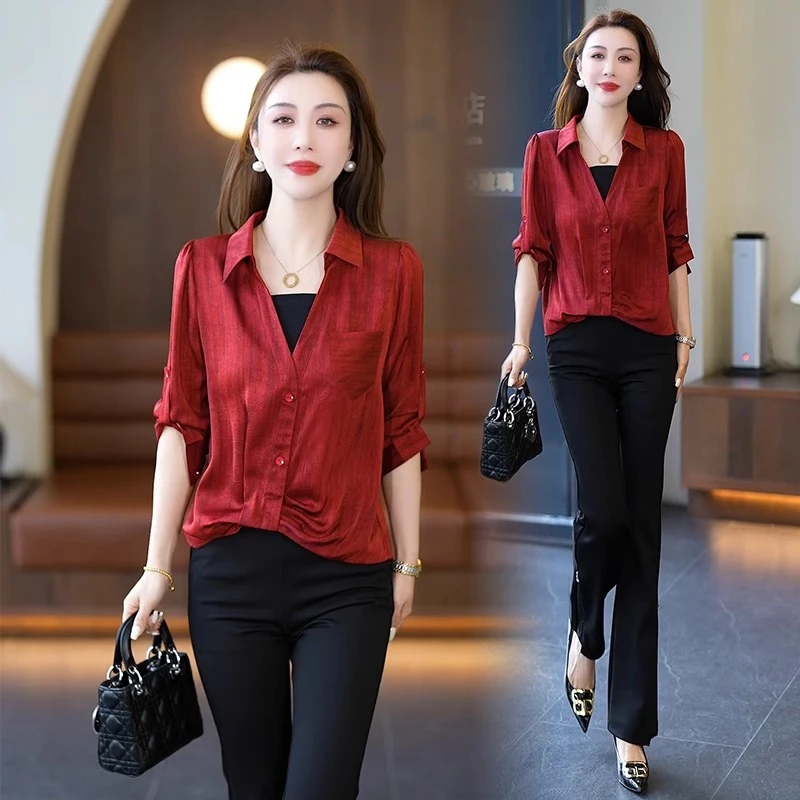 时尚假两件衬衫女2025春夏新款设计感洋气上衣宽松遮肚子显瘦衬衣
