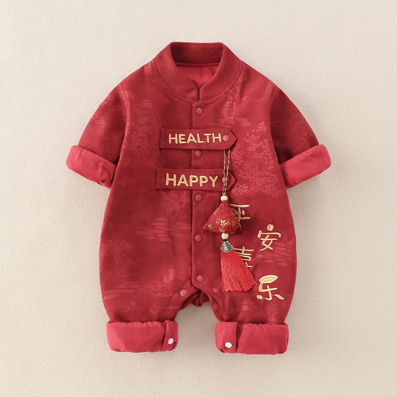 新中式秋装连体衣宝宝满月暗纹提花百天唐装汉服婴儿平安喜乐礼服