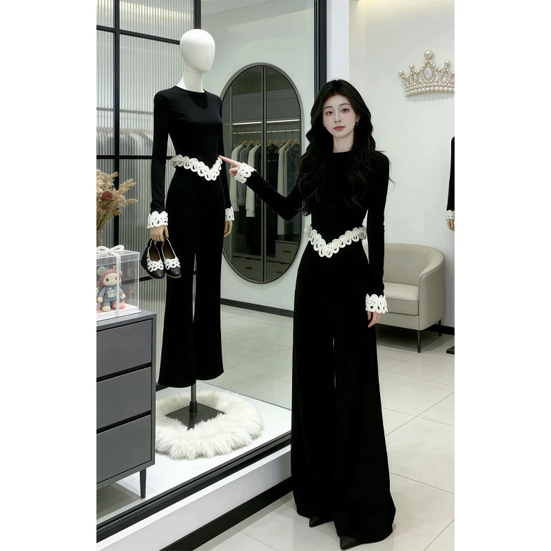 2026春季超火巨好看一整套大方得体轻奢高级黑色针织衫套装裤女