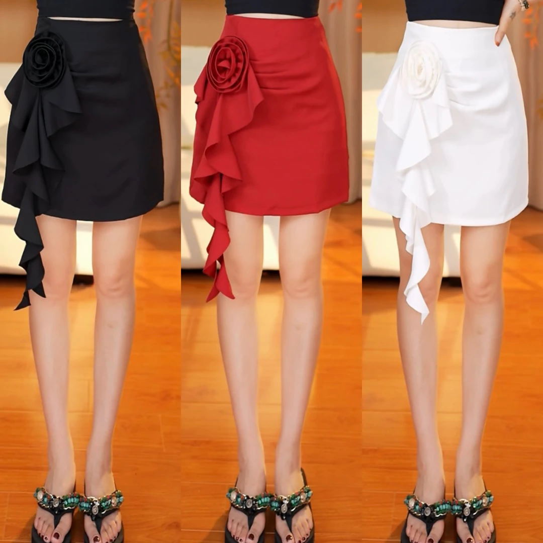 芮泥坊 新款荷叶造型立体花朵半身裙显瘦褶皱包臀裙不起球6888