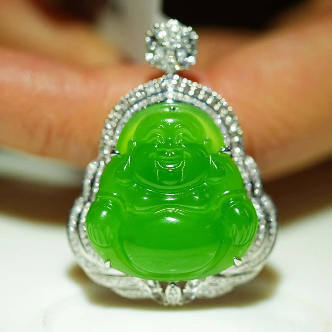 【小浩珠宝】天然和田玉俄罗斯碧玉乌兰海苹果绿佛公18K白金镶嵌