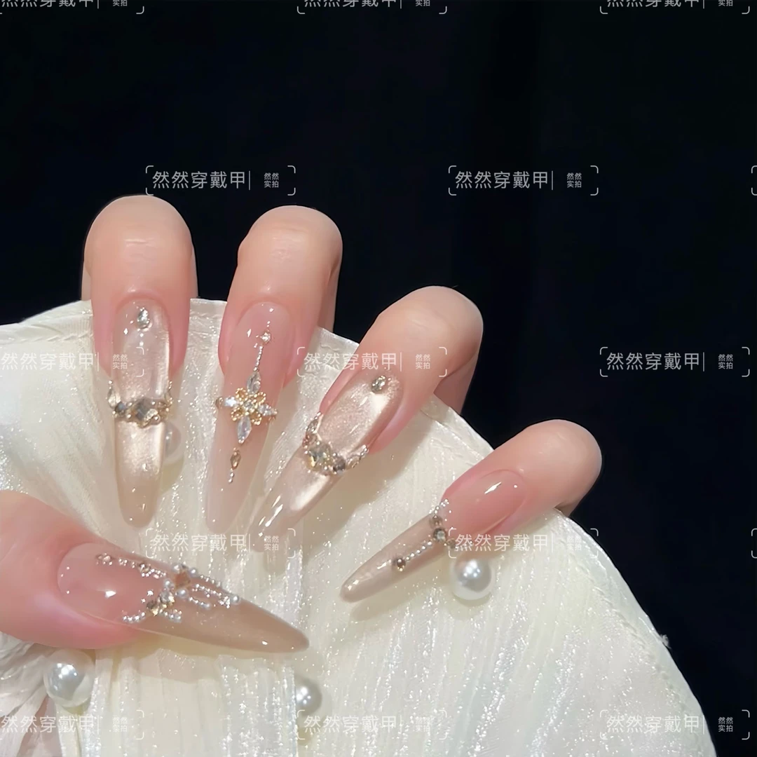 【香槟烛台】纯手工穿戴甲纯欲碎钻珍珠精致显白高级猫眼可重复戴