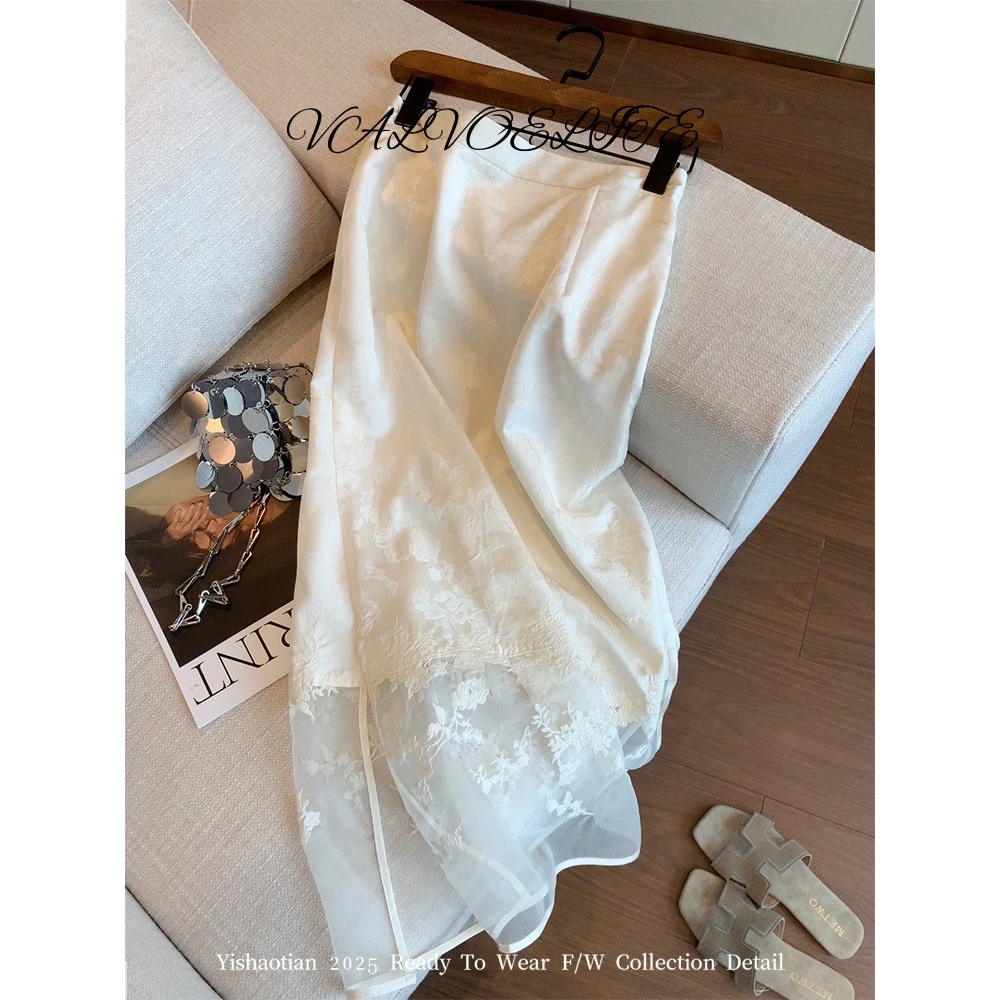 新中式提花拼接网纱刺绣半身裙女夏新款高级感气质法式开叉直筒裙