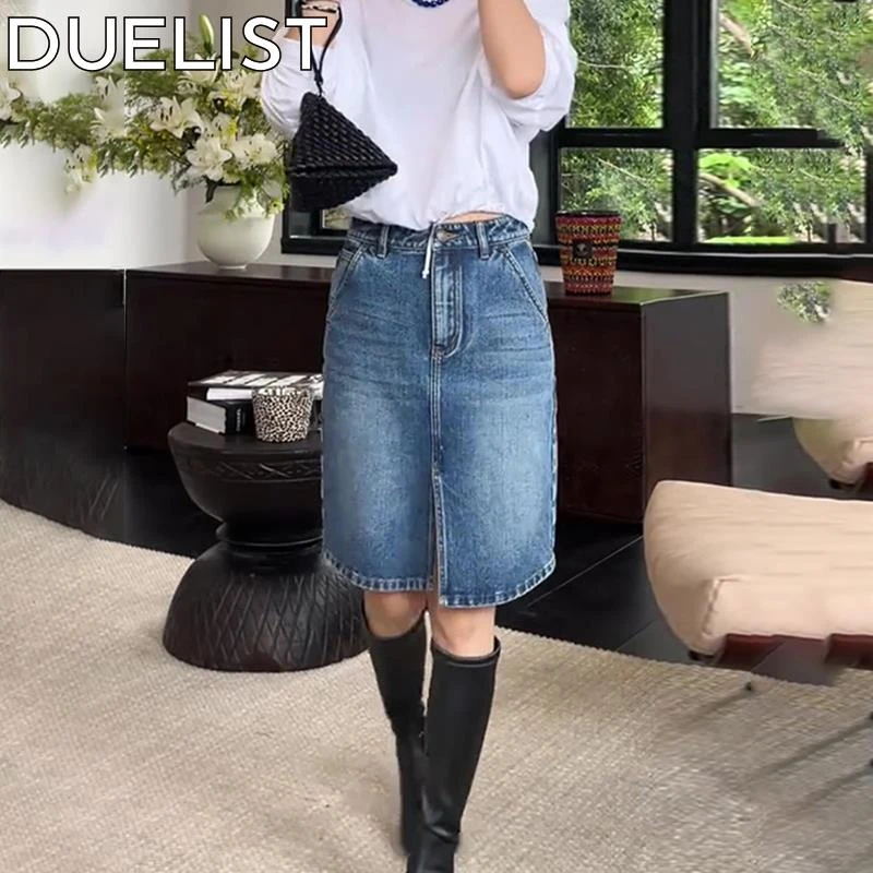DUELIST浅蓝色牛仔短裙女新款高腰显瘦气质时尚百搭前开叉半身裙