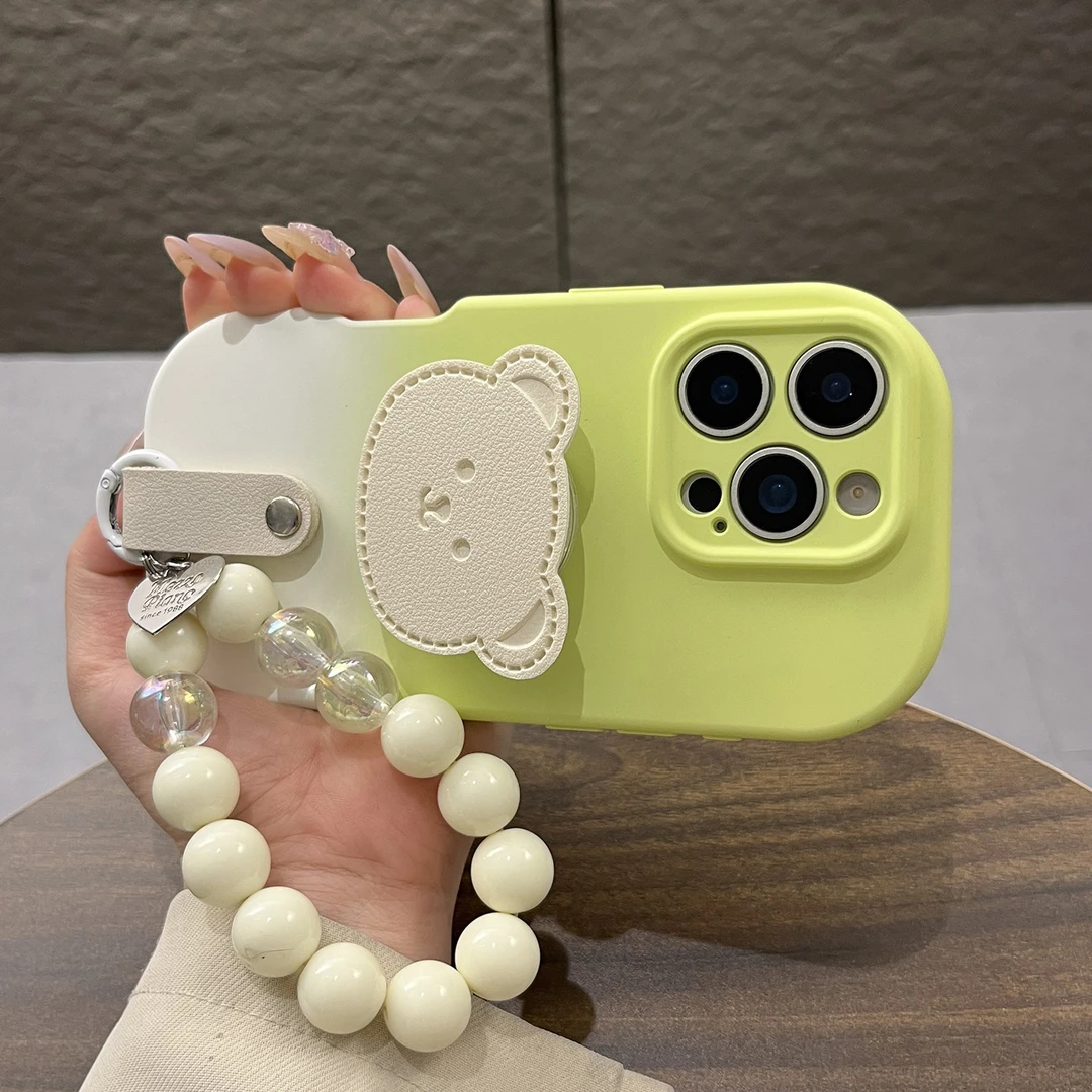 晕染绿白熊支架适用苹果16PROMAX手机壳15女款华为OPPO小米VIVO