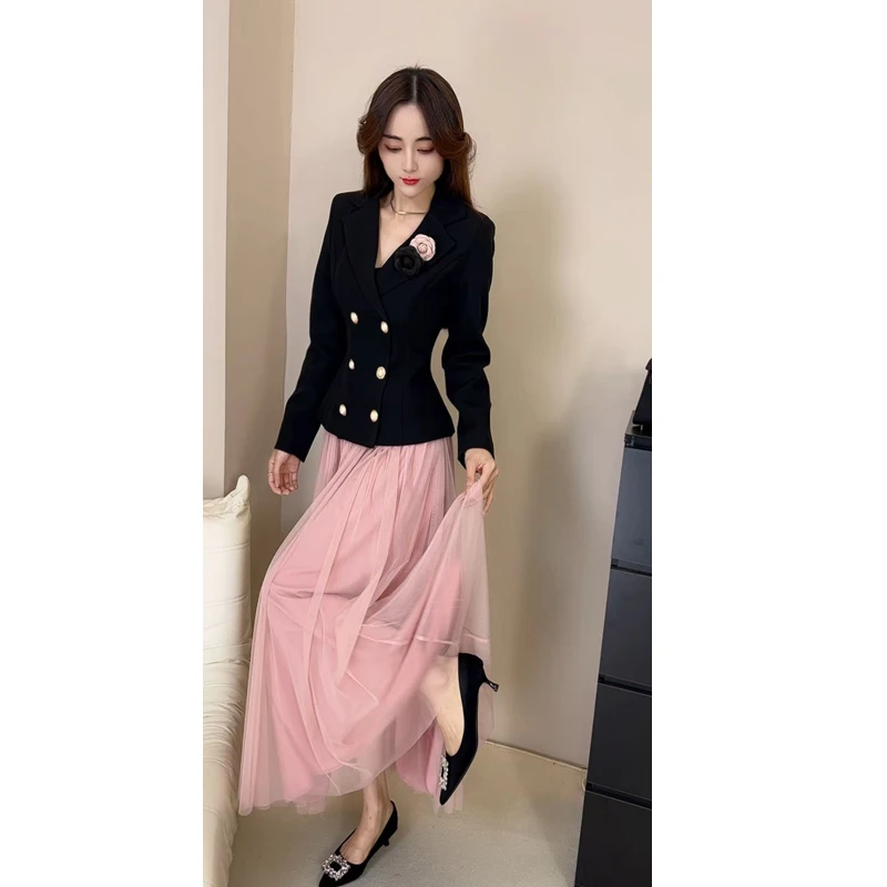 含胸花/名媛风气质洋气双排扣小西装外套女中长款显瘦网纱半身裙