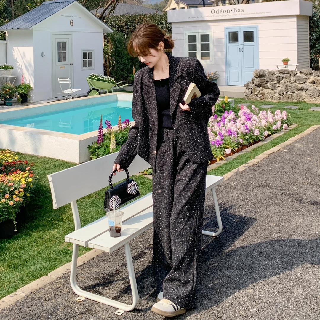 酷飒通勤风时髦西装两件套2025春季新款精致满天星休闲西服直筒裤