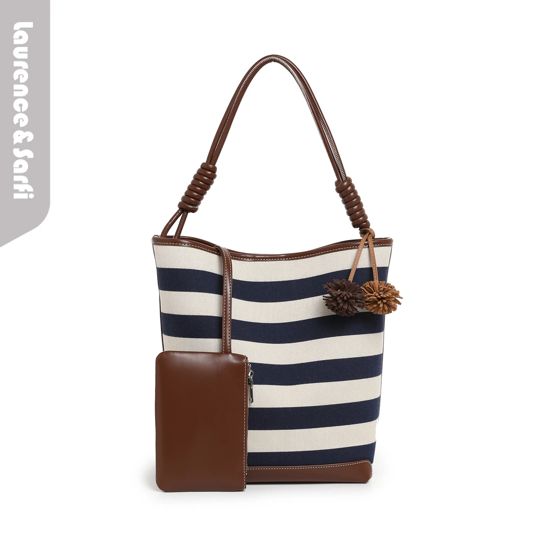Laurence&Sarfi路易赛菲【蓝白叙章】休闲帆布条纹水桶包单肩托特包