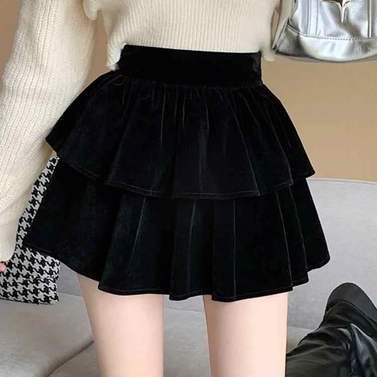 女童秋冬洋气半身裙秋季黑色短裙子冬季金丝绒高腰儿童公主蛋糕裙