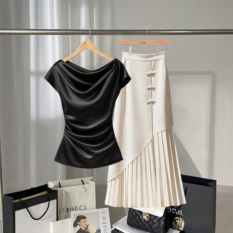 今年夏季新款优雅气质穿搭显瘦黑色荡领衬衫无袖轻奢高级半身裙女