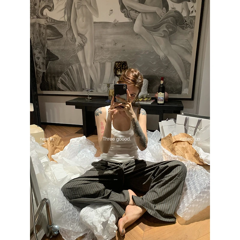 THREE GOOOD/三吉抽绳宽松条纹阔腿直筒拖地休闲裤Y725K05975