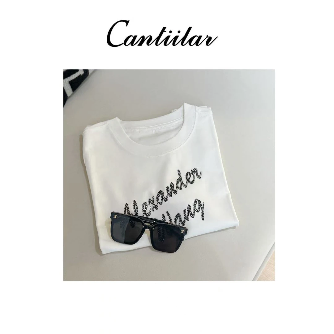 CANTIILAR “烫钻T”小众烫钻字母纯色棉T DX522