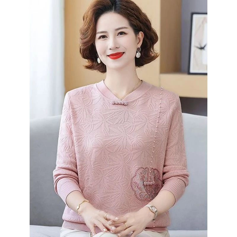 气质妈妈新中式春秋装圆领针织上衣打底衫中老年女装宽松国风毛衣