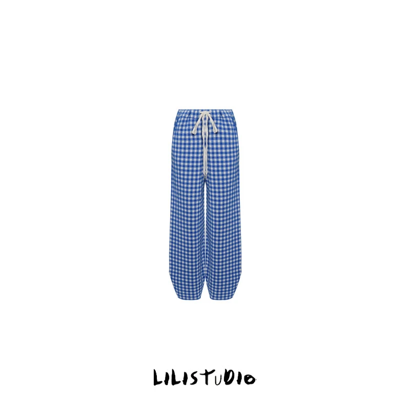 「漫游蓝格」不理理冬季新款女装休闲宽松格子直筒休闲裤