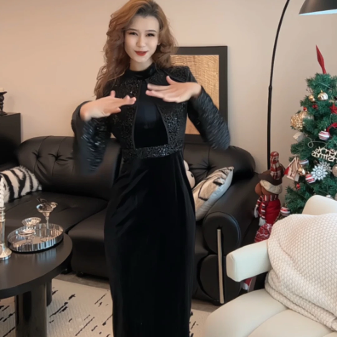 法式丝绒拼接亮片长款连衣裙