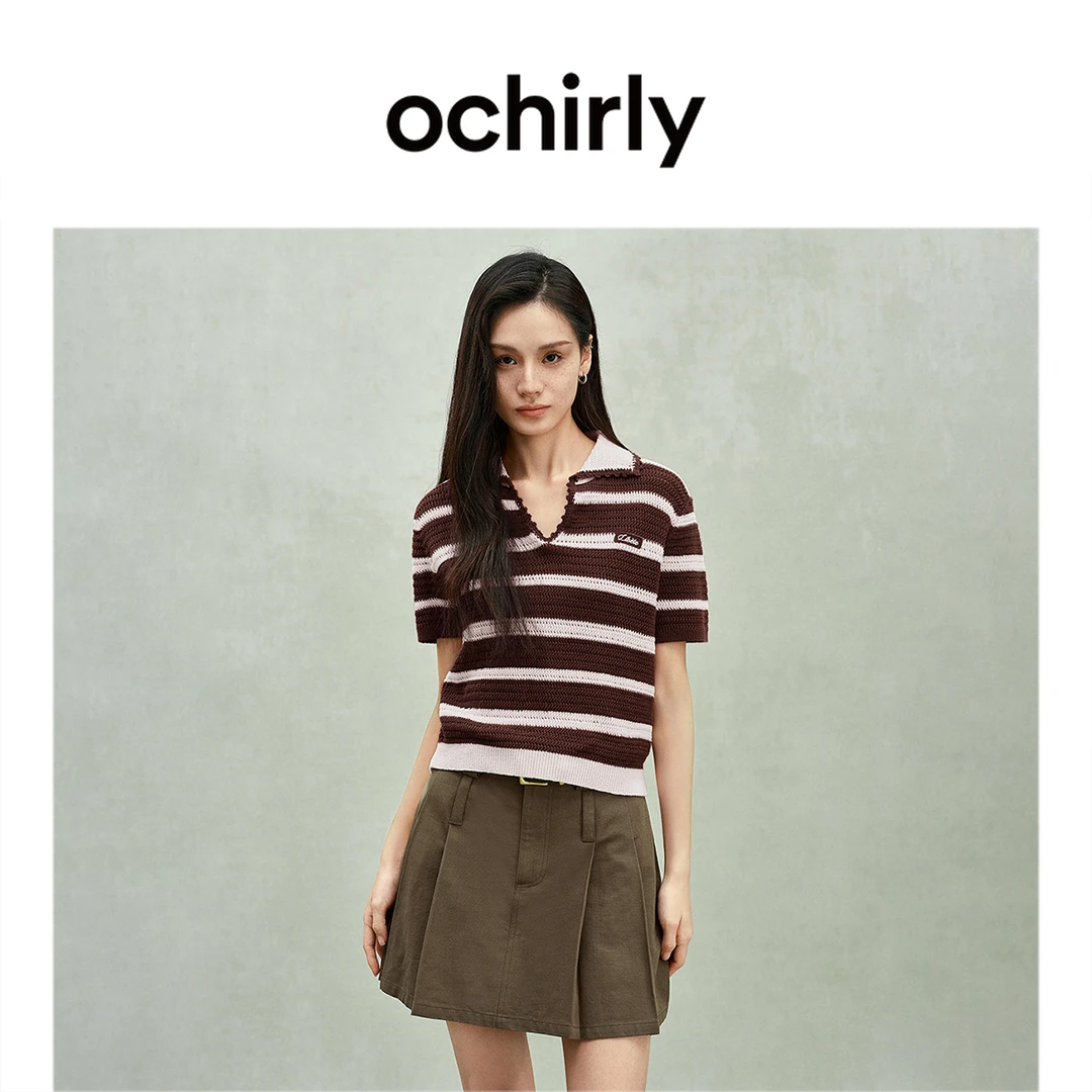 OCHIRLY欧时力 翻领条纹短袖针织衫女上衣钩花休闲春秋季2025新品