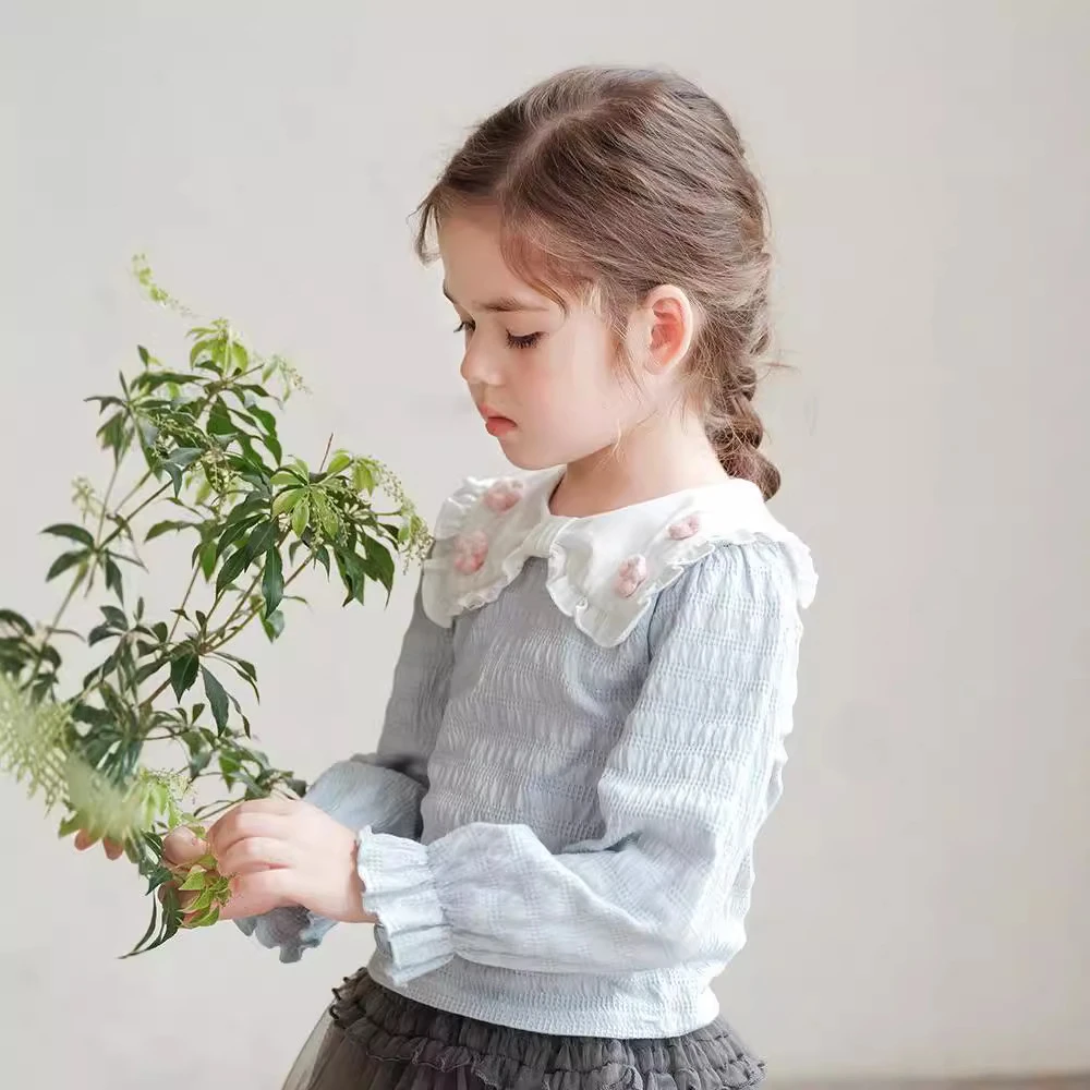 女童t恤2025新款 韩系褶皱小女孩洋气衣服儿童女宝宝长袖上衣春秋