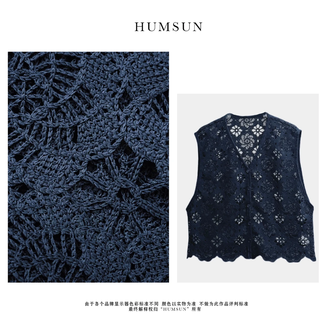 HUMSUN/禾木笙 法式复古重工钩花镂空气质V领叠穿马甲 24A5131