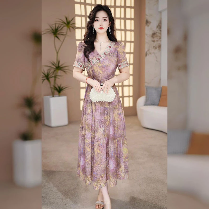 【千羽定制】新中式印花连衣裙2025年夏季复古时尚妈妈装大摆裙子