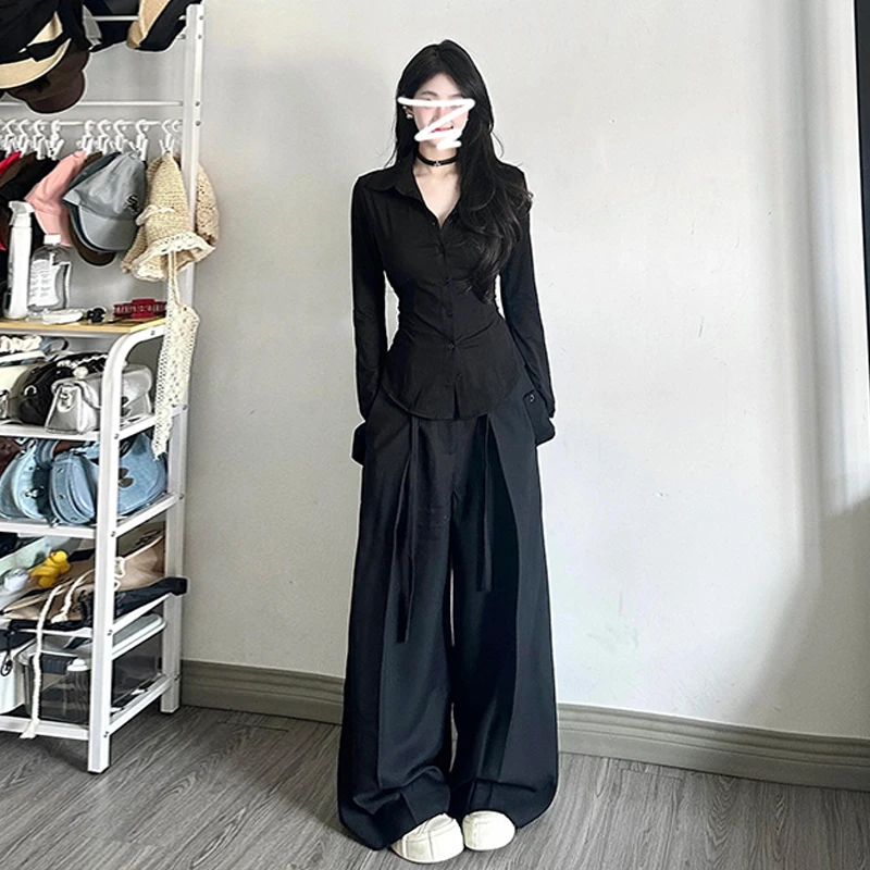 5204黑色法式气质长袖v领衬衫女2025新款春冷淡系设计高级感衬衣