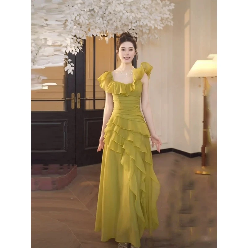 方领收腰气质高级感今年流行连衣裙2025夏季新款长裙爆款裙子女装