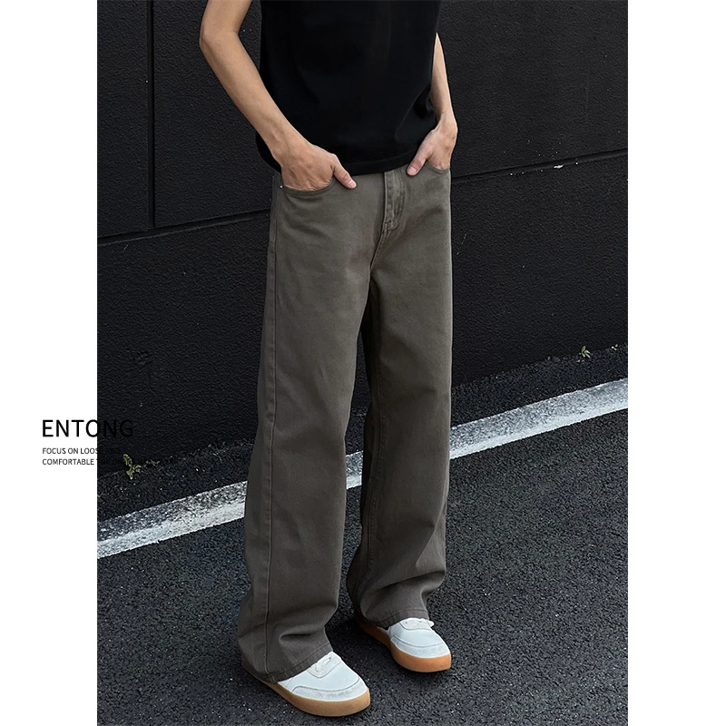 Entong秋季新款美式复古咖色直筒牛仔裤男潮牌痞帅百搭阔腿长裤子