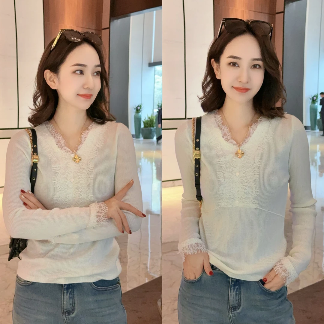 【贝尔法】秋冬羊毛V领高级拼接蕾丝针织小衫XY241784 JDND轩羽