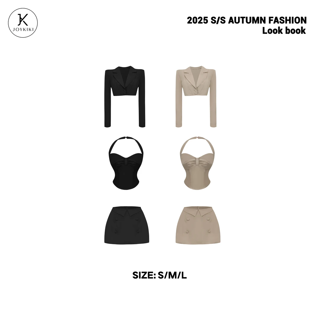 JOYKIKI金金【马德里假日】秋季气质捏褶设计挂脖上衣套装J25C270