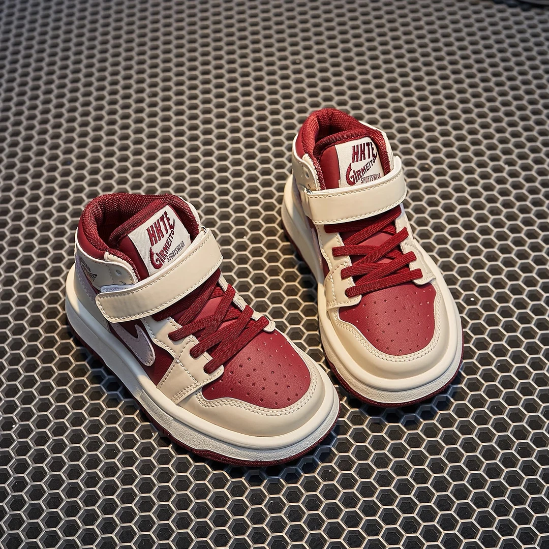 官网AJ儿童棉鞋冬季加绒女童男童软底车厘子红高帮魔术贴休闲棉鞋