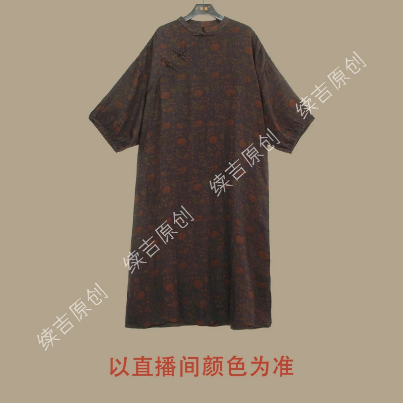 原创设计24-948【丹烟】100亚麻时尚百搭印花圆领宽松连衣裙