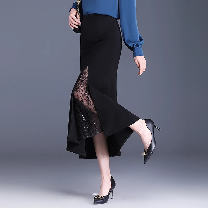 修身高腰显瘦蕾丝拼接半身裙2025春季新款韩版时尚洋气减龄鱼尾裙