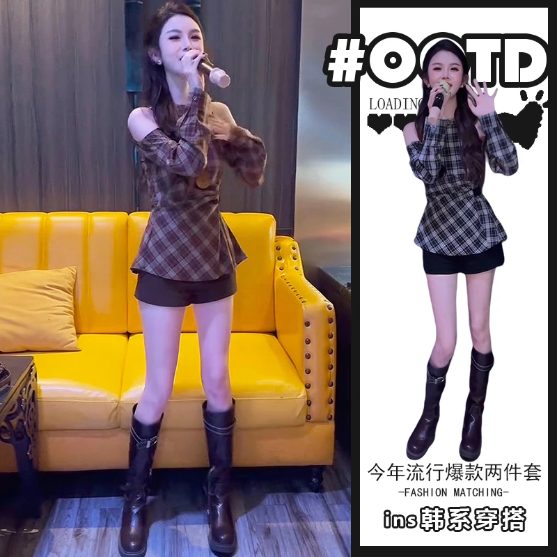 独特别致套装秋季法式设计感露肩格纹长袖衬衫小众辣妹短裤两件套