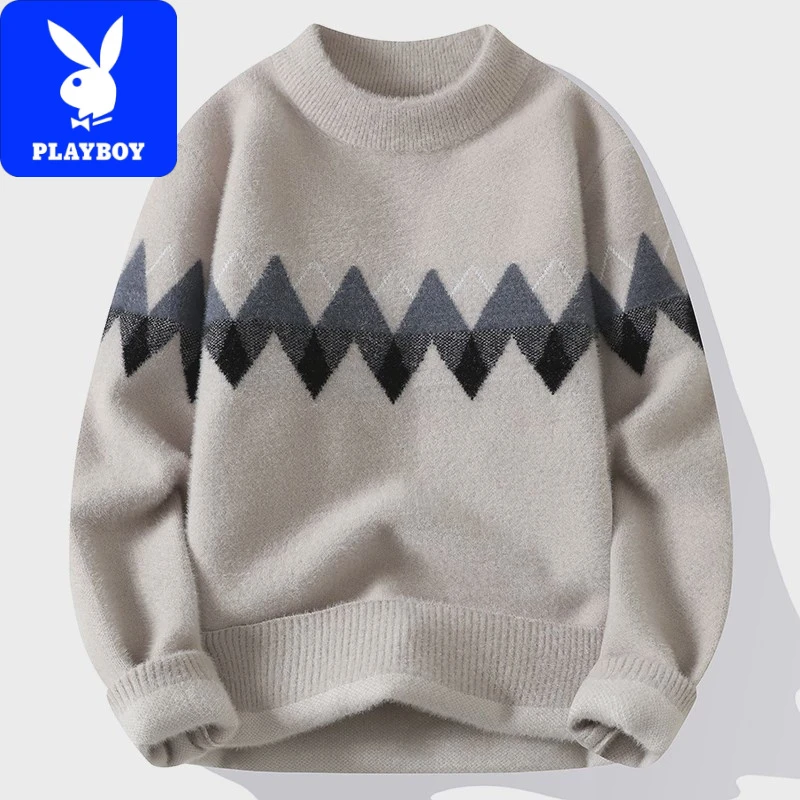 花花公子秋冬季半高领毛衣男士潮流休闲加厚水貂绒针织打底衫男生