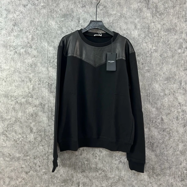 未使用 YSL/圣罗兰 圣罗兰黑色拼皮圆领卫衣